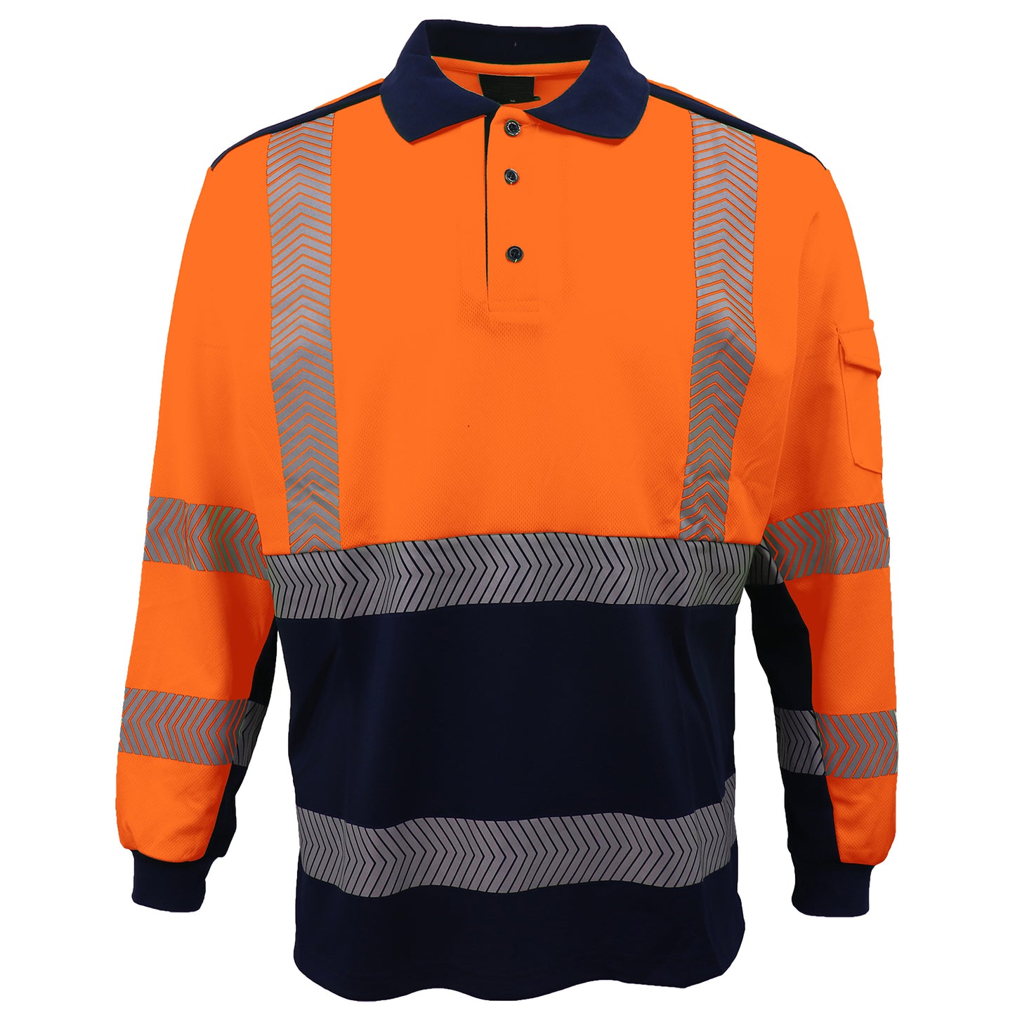 HI VIS Long Sleeve Polo Shirt Reflective Tape Safety Tradie Work Wear Tops Tee, Fluro Orange / Navy, XL V474-739781