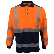 HI VIS Long Sleeve Polo Shirt Reflective Tape Safety Tradie Work Wear Tops Tee, Fluro Orange / Navy, 2XL