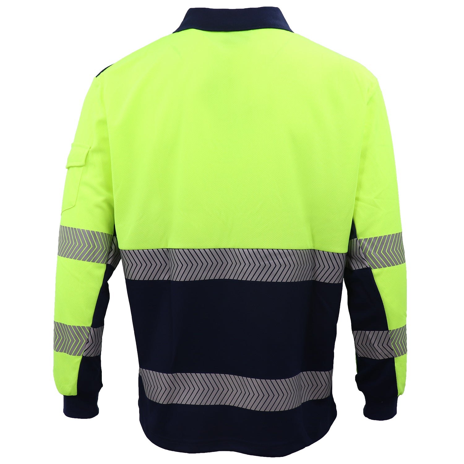 HI VIS Long Sleeve Polo Shirt Reflective Tape Safety Tradie Work Wear Tops Tee, Fluro Yellow / Navy, S V474-739784