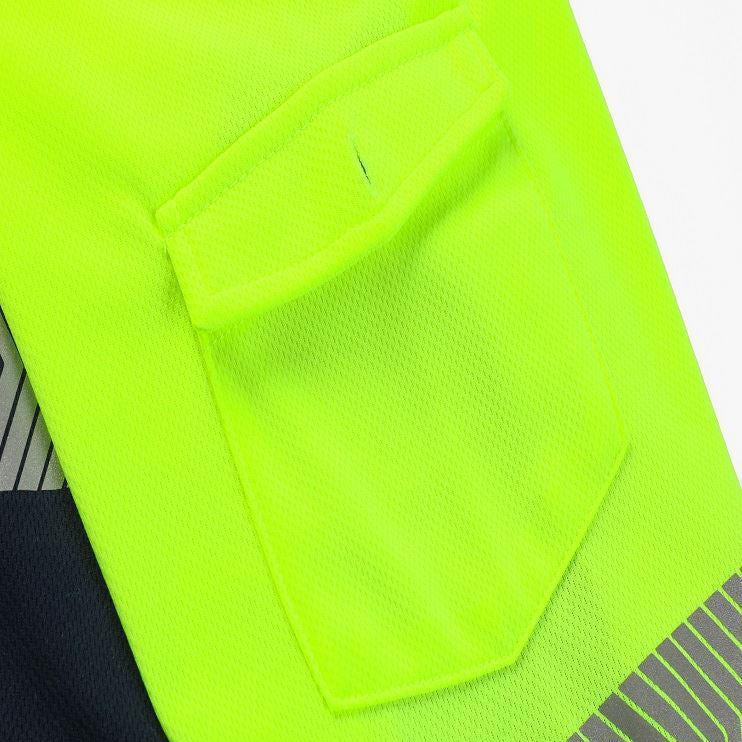 HI VIS Long Sleeve Polo Shirt Reflective Tape Safety Tradie Work Wear Tops Tee, Fluro Yellow / Navy, 2XL