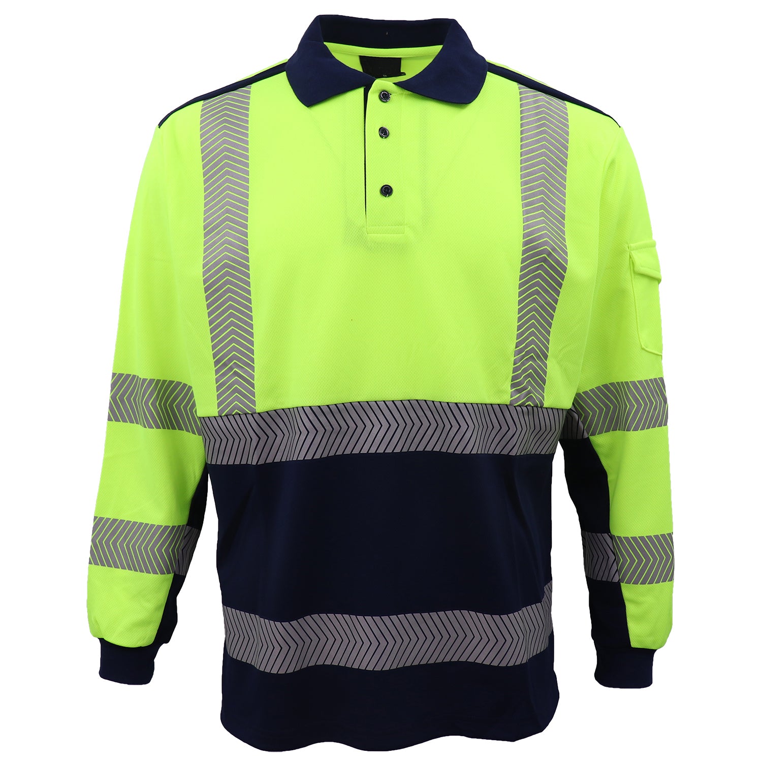 HI VIS Long Sleeve Polo Shirt Reflective Tape Safety Tradie Work Wear Tops Tee, Fluro Yellow / Navy, 3XL