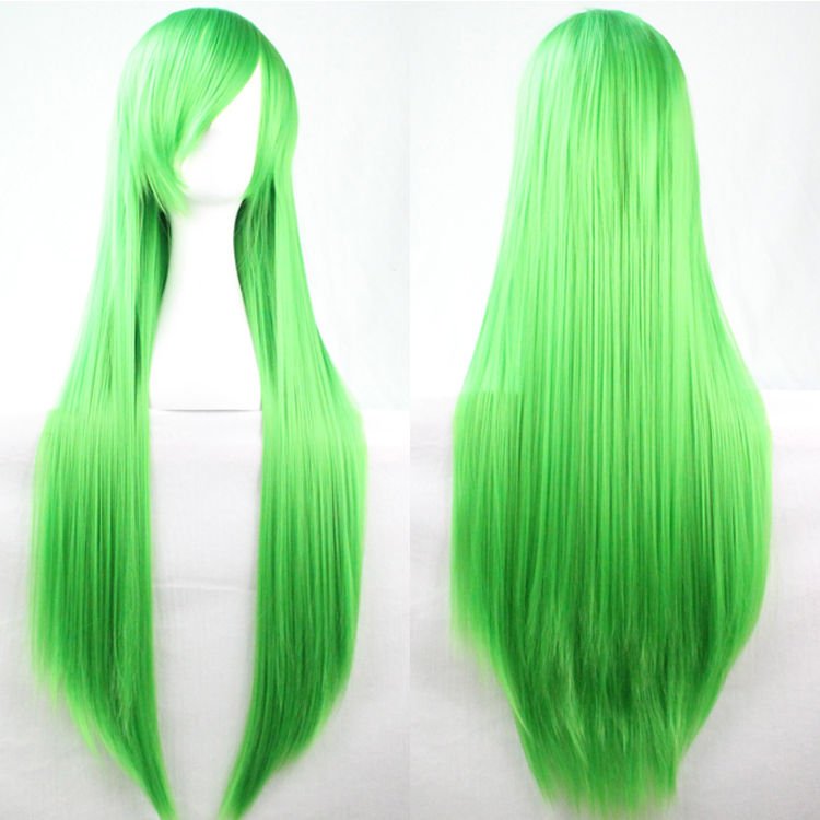 New 80cm Straight Sleek Long Full Hair Wigs w Side Bangs Cosplay Costume Womens, Green V474-7467