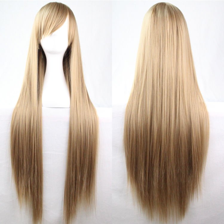 New 80cm Straight Sleek Long Full Hair Wigs w Side Bangs Cosplay Costume Womens, Medium Blonde V474-7473