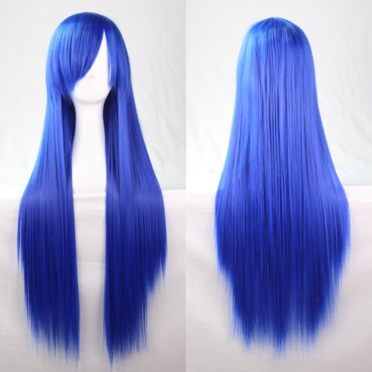 New 80cm Straight Sleek Long Full Hair Wigs w Side Bangs Cosplay Costume Womens, Blue V474-7481