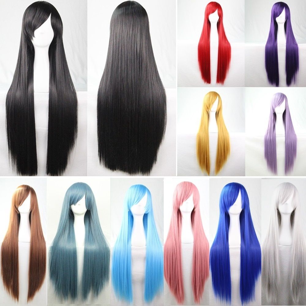 New 80cm Straight Sleek Long Full Hair Wigs w Side Bangs Cosplay Costume Womens, Blue V474-7481
