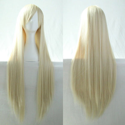 New 80cm Straight Sleek Long Full Hair Wigs w Side Bangs Cosplay Costume Womens, Light Blonde V474-7483