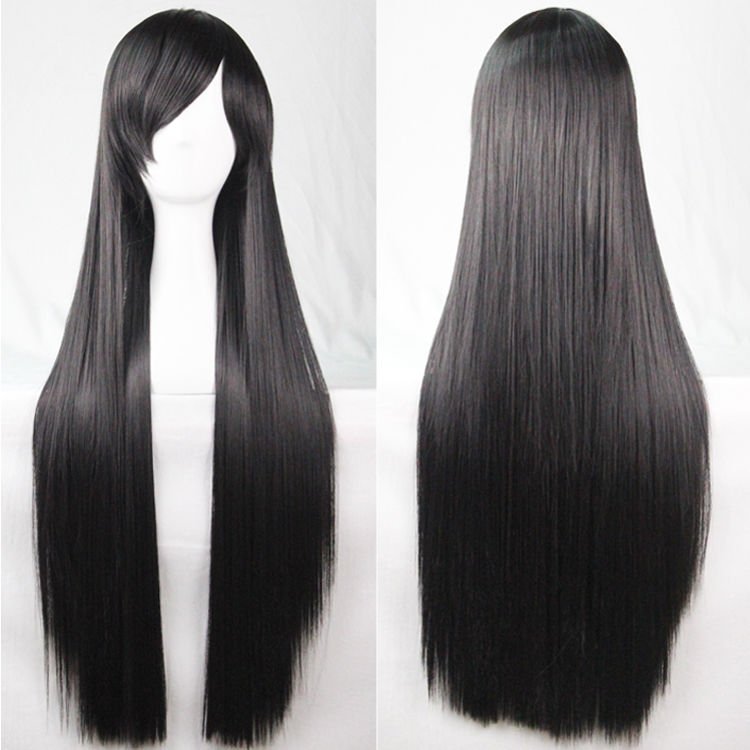 New 80cm Straight Sleek Long Full Hair Wigs w Side Bangs Cosplay Costume Womens, Black V474-7485