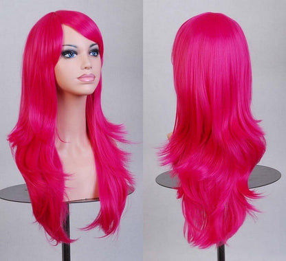 70cm Wavy Curly Sleek Full Hair Lady Wigs w Side Bangs Cosplay Costume Womens, Hot Pink V474-7563