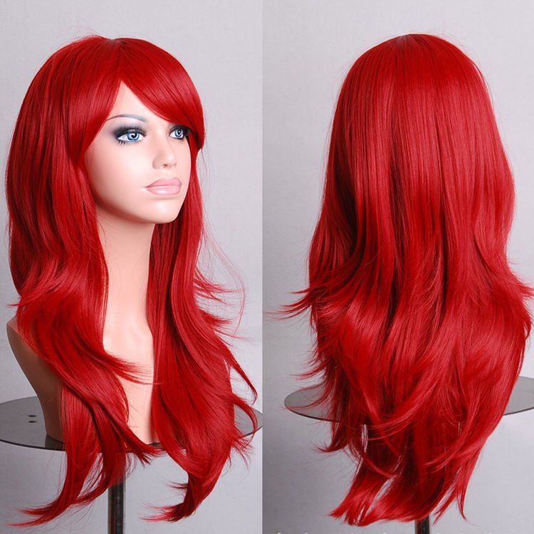 70cm Wavy Curly Sleek Full Hair Lady Wigs w Side Bangs Cosplay Costume Womens, Red V474-7565