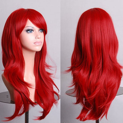 70cm Wavy Curly Sleek Full Hair Lady Wigs w Side Bangs Cosplay Costume Womens, Red V474-7565