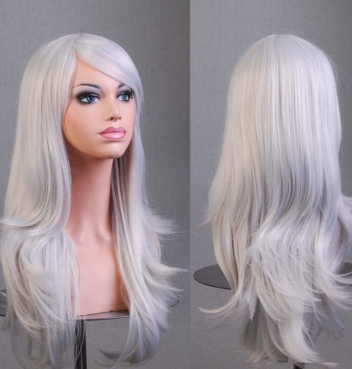 70cm Wavy Curly Sleek Full Hair Lady Wigs w Side Bangs Cosplay Costume Womens, Silver V474-7567