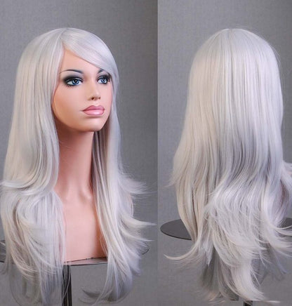 70cm Wavy Curly Sleek Full Hair Lady Wigs w Side Bangs Cosplay Costume Womens, Silver V474-7567