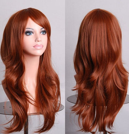 70cm Wavy Curly Sleek Full Hair Lady Wigs w Side Bangs Cosplay Costume Womens, Brown V474-7569
