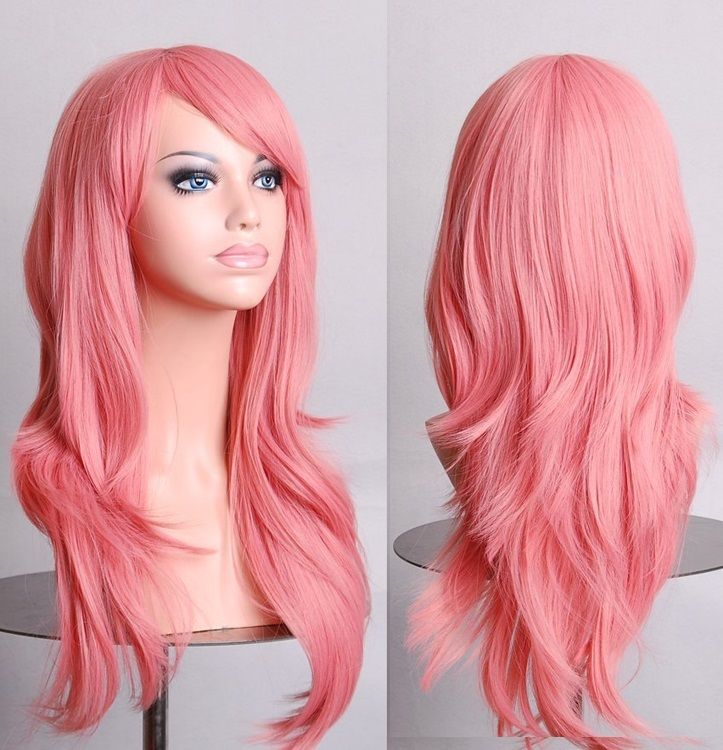 70cm Wavy Curly Sleek Full Hair Lady Wigs w Side Bangs Cosplay Costume Womens, Pink V474-7571