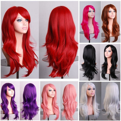 70cm Wavy Curly Sleek Full Hair Lady Wigs w Side Bangs Cosplay Costume Womens, Pink V474-7571