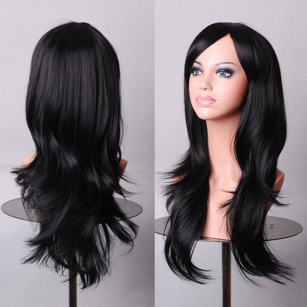 70cm Wavy Curly Sleek Full Hair Lady Wigs w Side Bangs Cosplay Costume Womens, Black V474-7573
