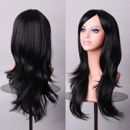 70cm Wavy Curly Sleek Full Hair Lady Wigs w Side Bangs Cosplay Costume Womens, Black V474-7573