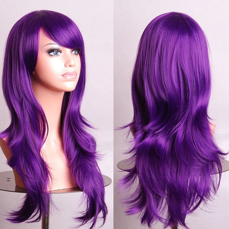 70cm Wavy Curly Sleek Full Hair Lady Wigs w Side Bangs Cosplay Costume Womens, Purple V474-7575