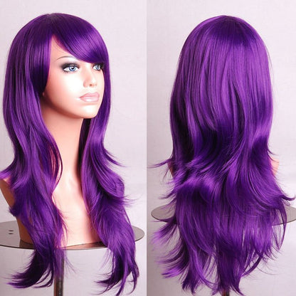 70cm Wavy Curly Sleek Full Hair Lady Wigs w Side Bangs Cosplay Costume Womens, Purple V474-7575