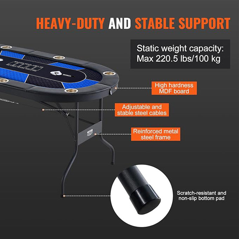 10 Player Foldable Blue Color Poker Table Blackjack Texas Holdem Table with Cup Holders V488-POKER - BLUE