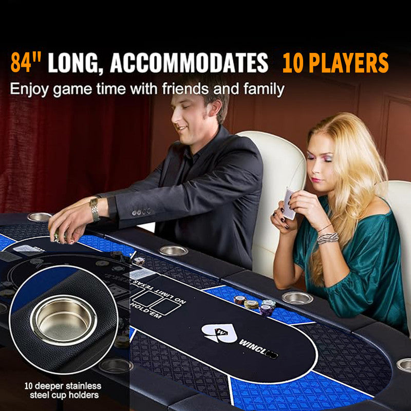 10 Player Foldable Blue Color Poker Table Blackjack Texas Holdem Table with Cup Holders V488-POKER - BLUE