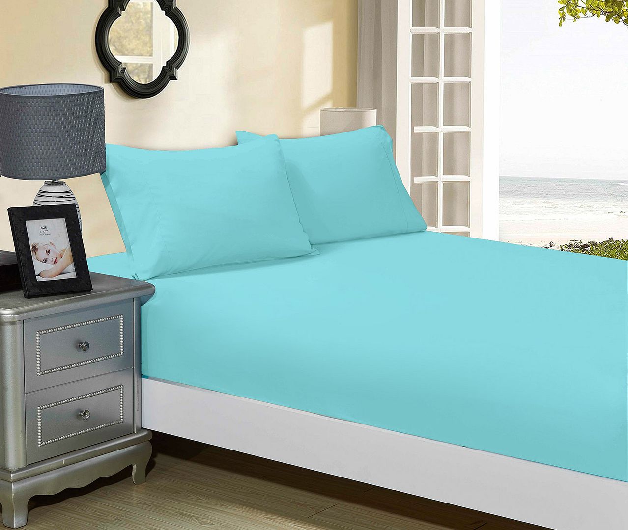 1000TC Ultra Soft Fitted Sheet & 2 Pillowcases Set - Queen Size Bed - Aqua V493-AQF-20
