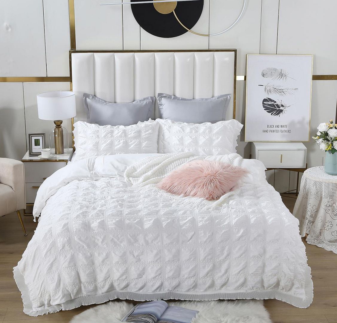 Ruffles Textured Jacquard Queen Size white Duvet Quilt Cover Set V493-JH-01-Q