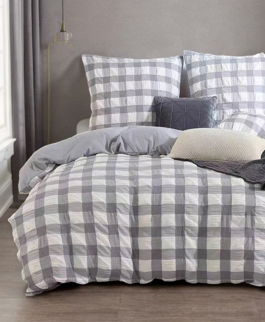 Rylee Grey Check Seersucker Quilt Cover Set - Queen Size V493-JH-Q-06