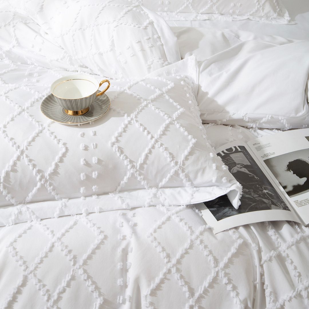 Tufted Boho Embroidery Quilt/Doona/Duvet Cover Set - White - King Size V493-JJXW-01K