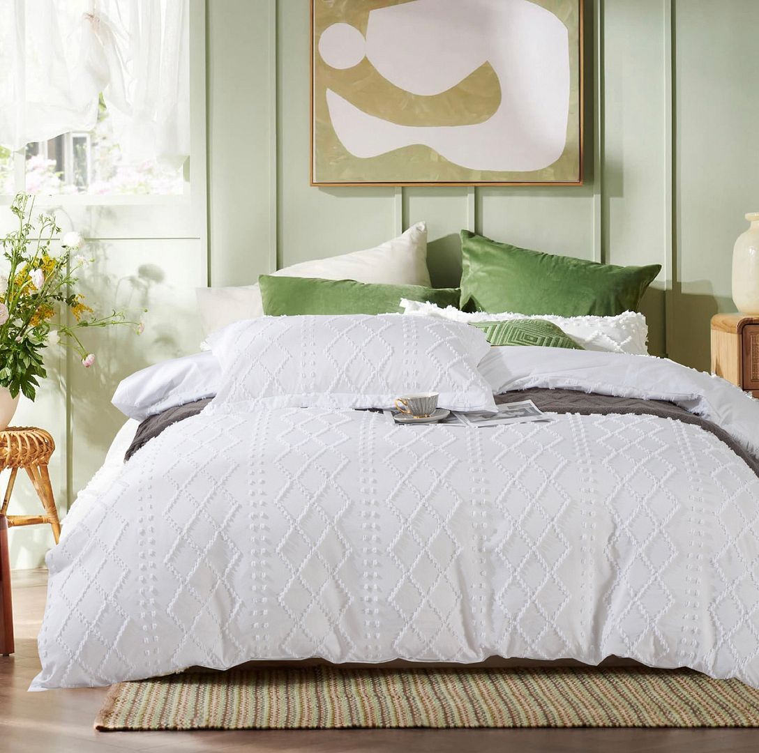 Tufted Boho Embroidery Quilt/Doona/Duvet Cover Set - White - Queen Size V493-JJXW-01Q