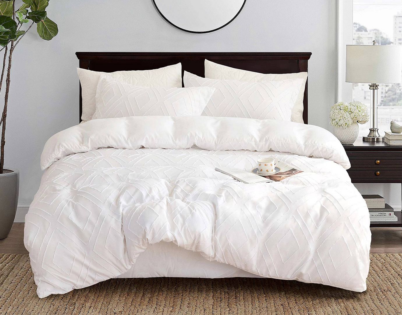 Tufted Diamond Jacquard King Size White Duvet Quilt Cover Set V493-JX-01-K