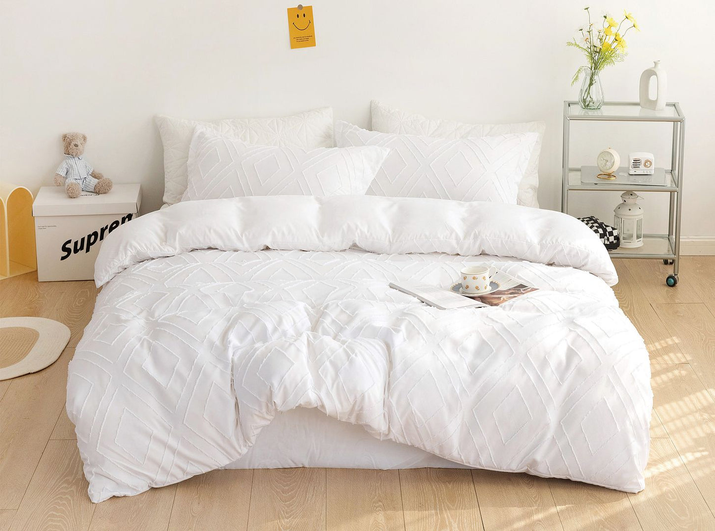 Tufted Diamond Jacquard Queen Size White Duvet Quilt Cover Set V493-JX-01-Q