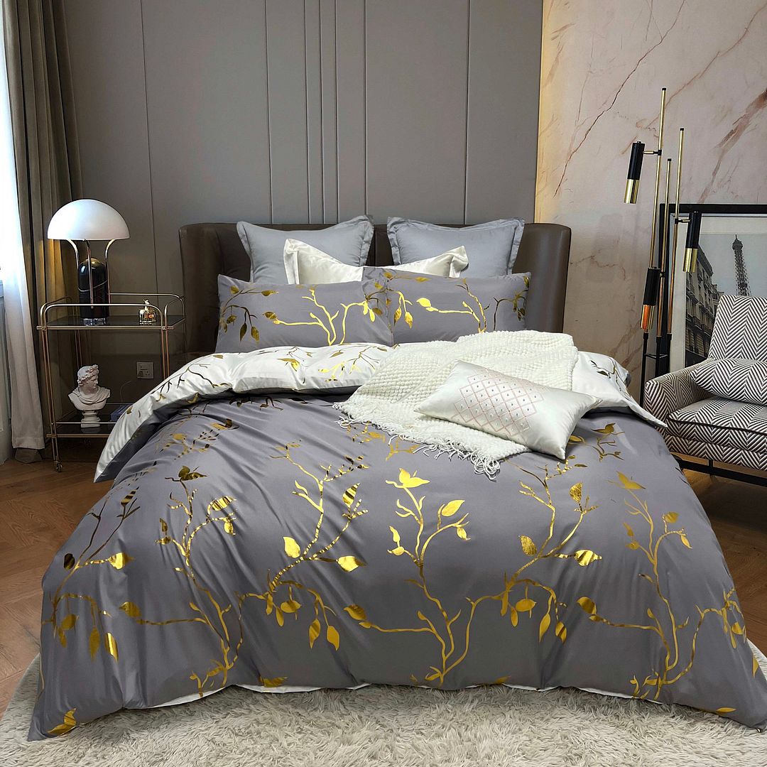 Reversible Design Leaves Grey Super King Size Bed Quilt/Duvet Cover Set V493-MSK-461B