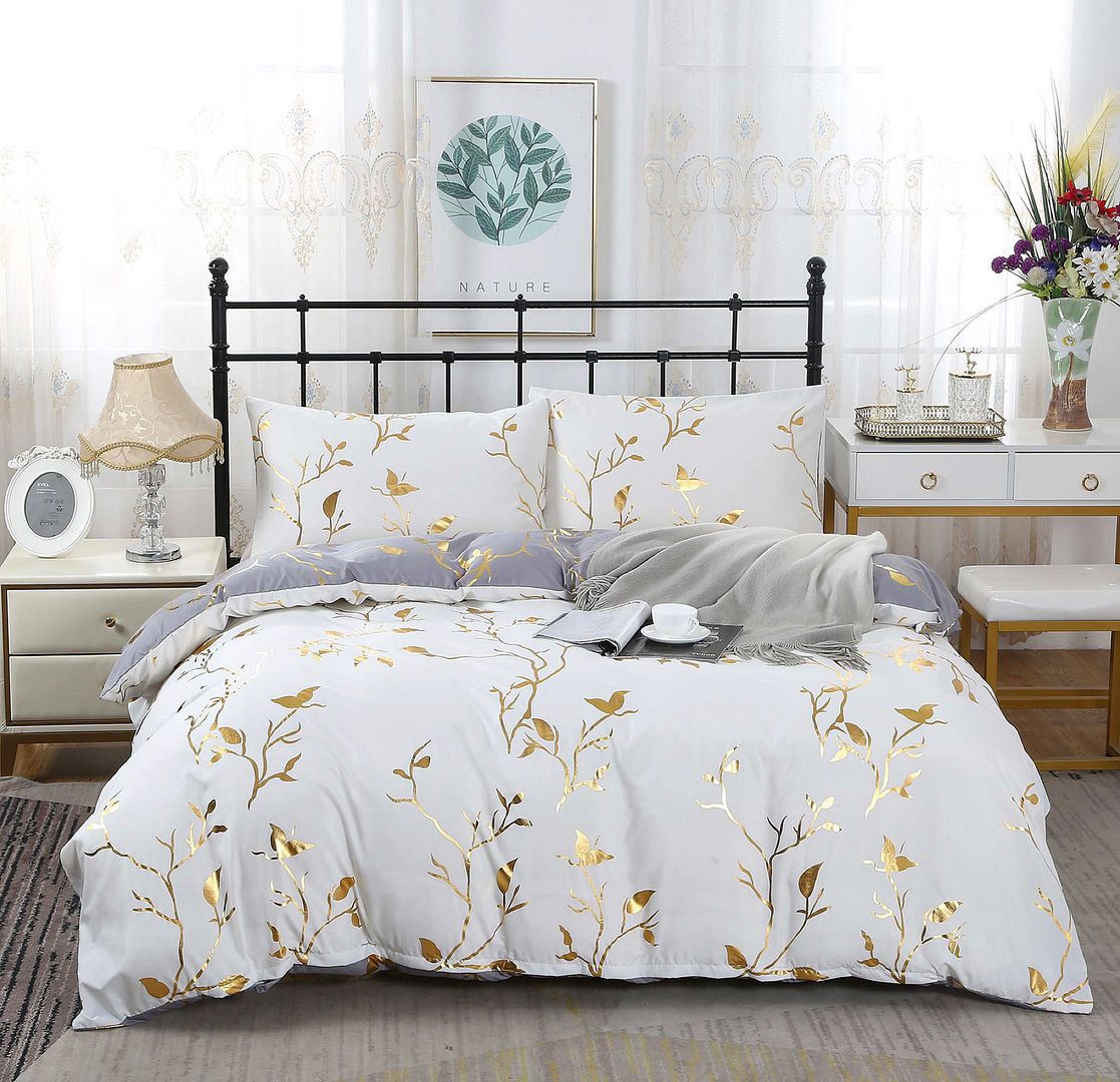 Reversible Design Leaves Grey Super King Size Bed Quilt/Duvet Cover Set V493-MSK-461B