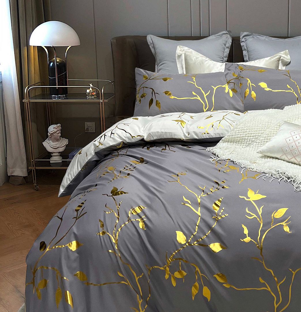 Reversible Design Leaves Grey Super King Size Bed Quilt/Duvet Cover Set V493-MSK-461B