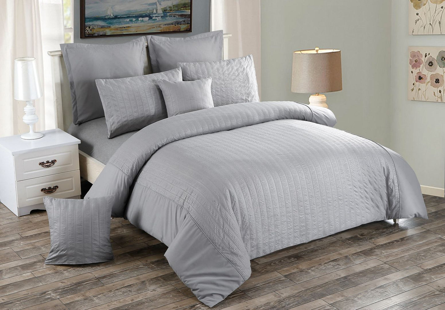 Seersucker King Size Grey Duvet Quilt Cover Set V493-PAK-06