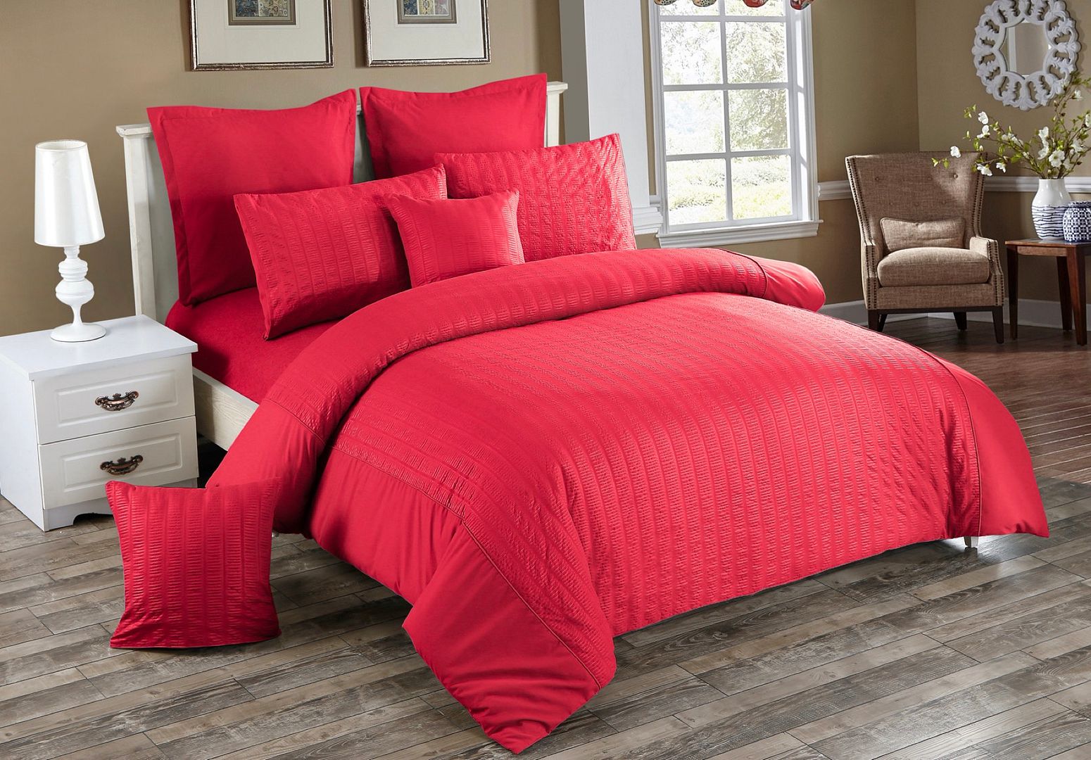 Seersucker Queen Size Quilt/Duvet Cover Set - Red V493-PAQ-04