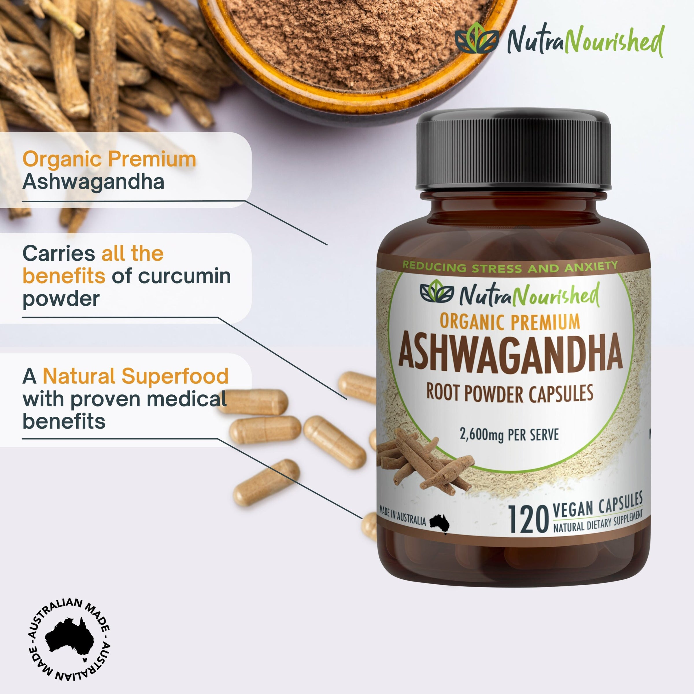 Organic Ashwagandha Capsules (vegan)- Withania Somnifera - 120 Vegan Capsules V497-ASHWA-CAPS-120