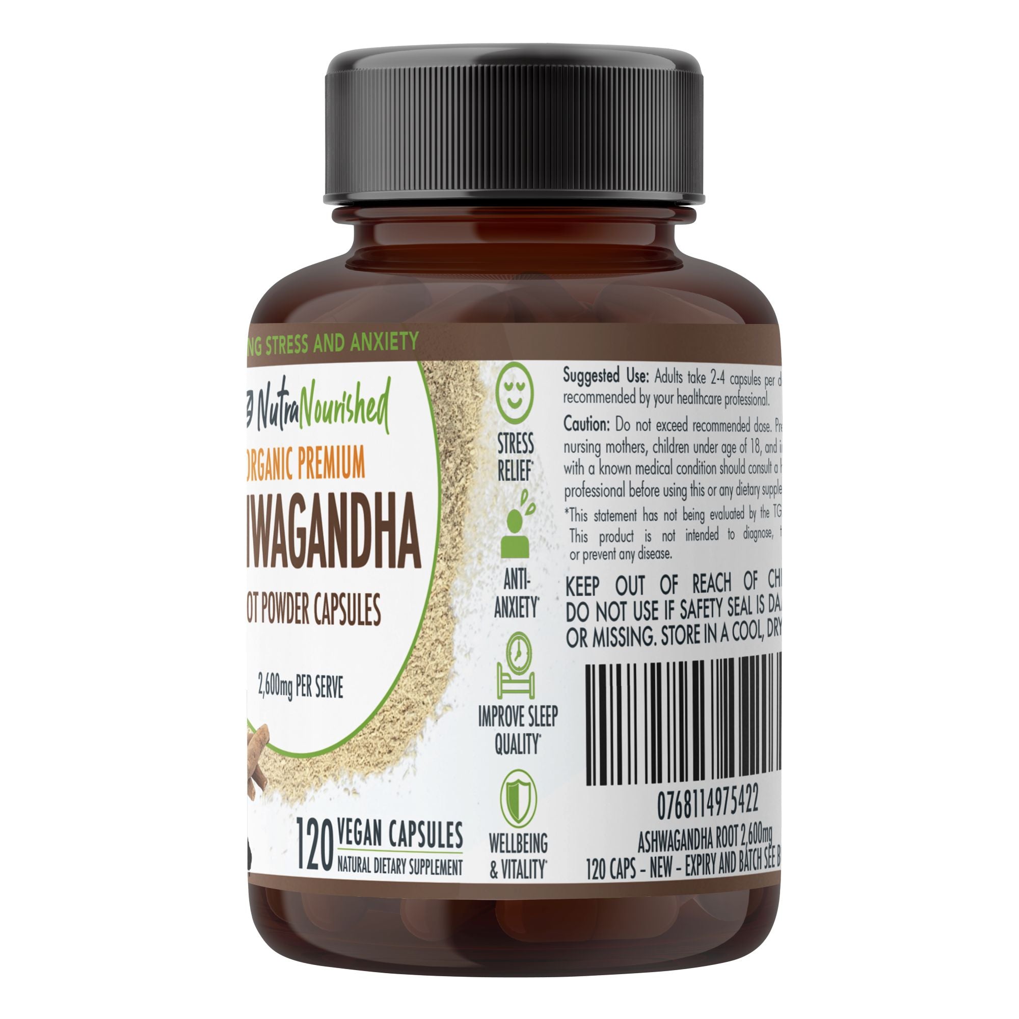 Organic Ashwagandha Capsules (vegan)- Withania Somnifera - 120 Vegan Capsules V497-ASHWA-CAPS-120