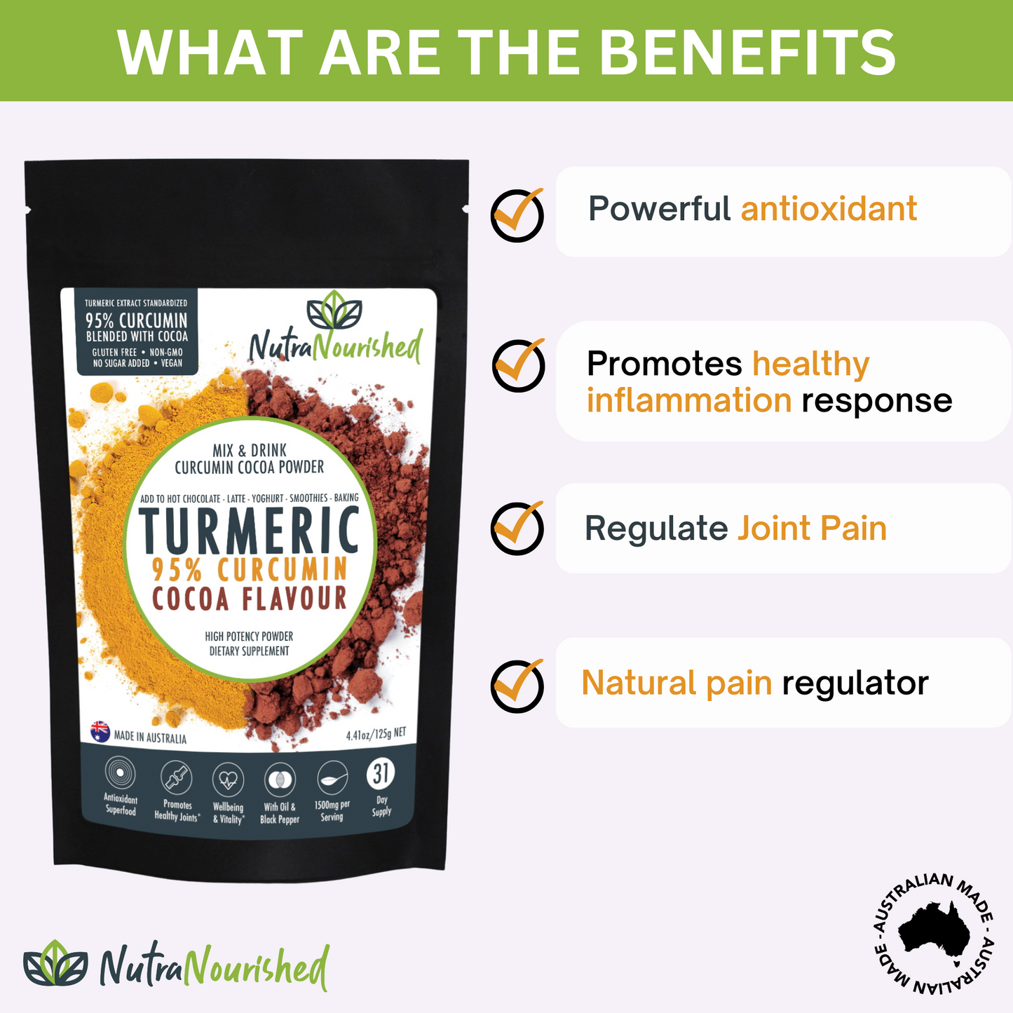 95% Organic Curcumin Extract Cocoa Flavour - Turmeric Powder With Black Pepper - Organic and with Black V497-COCOA-NEW-125-FBM