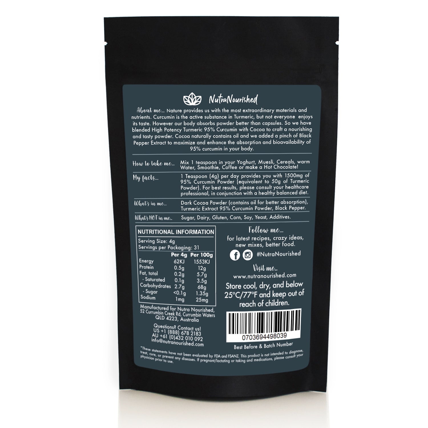95% Organic Curcumin Extract Cocoa Flavour - Turmeric Powder With Black Pepper - Organic and with Black V497-COCOA-NEW-125-FBM