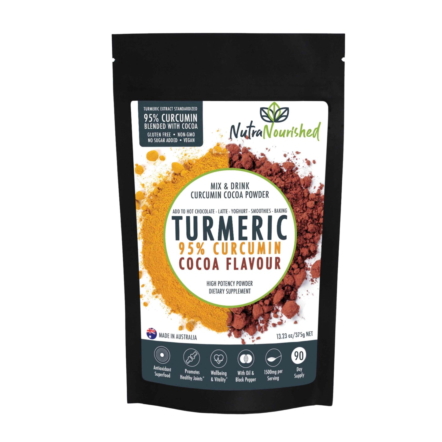 95% Organic Curcumin Extract Cocoa Flavour - Turmeric Powder With Black Pepper - Organic and with Black V497-COCOA-NEW-375-FBM