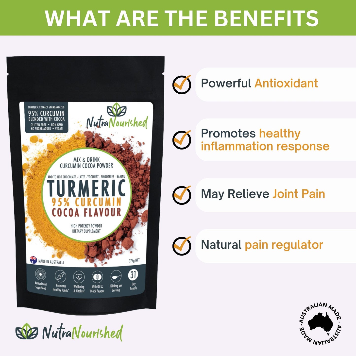 95% Organic Curcumin Extract Cocoa Flavour - Turmeric Powder With Black Pepper - Organic and with Black V497-COCOA-NEW-375-FBM