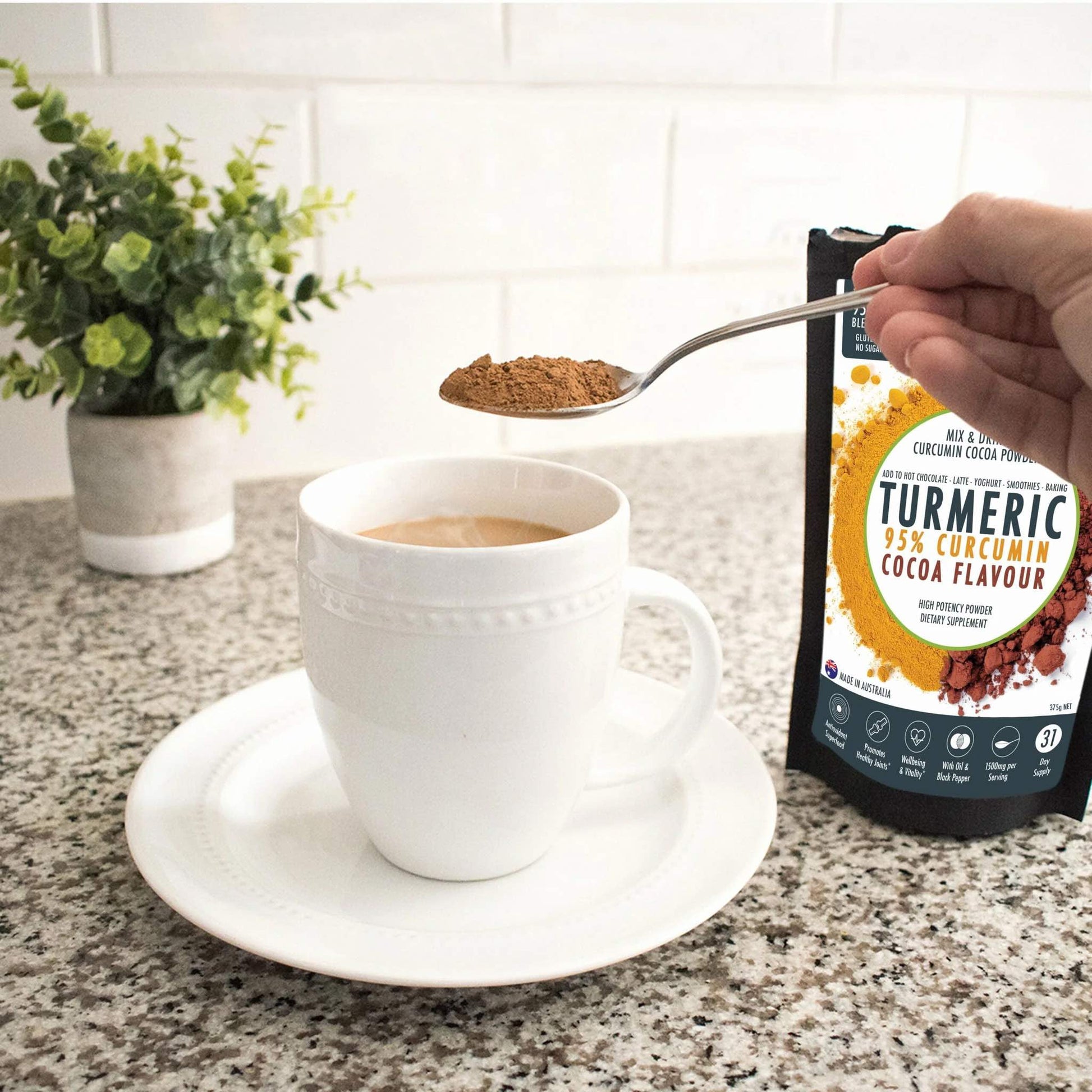 95% Organic Curcumin Extract Cocoa Flavour - Turmeric Powder With Black Pepper - Organic and with Black V497-COCOA-NEW-375-FBM