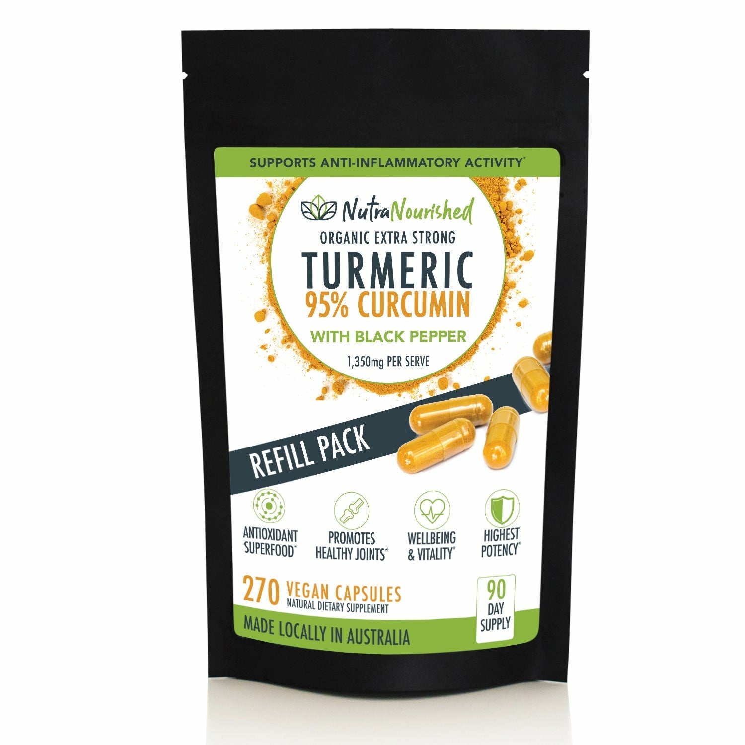REFILL BAG - Turmeric 95% Curcumin Extract Capsules, Organic, with Black Pepper, 270 Vegan Capsules/ 3 Month V497-CURCUMIN-CAPS-270-REFILL
