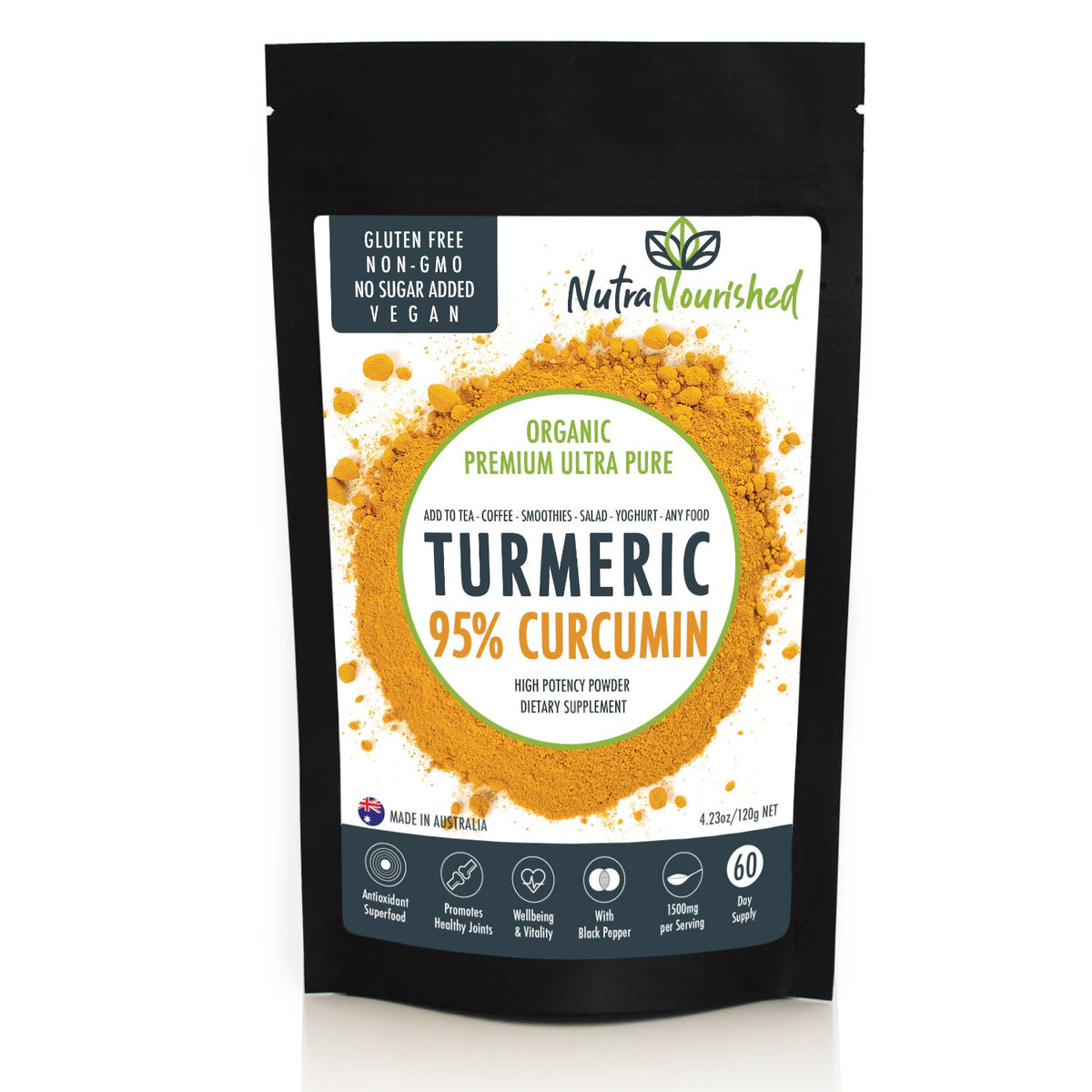 Pure Organic 95% Curcumin Powder (120g/2 months supply) - 1500mg of Turmeric Extract Buffered with Black V497-CURCUMIN-PURE-120-FBM