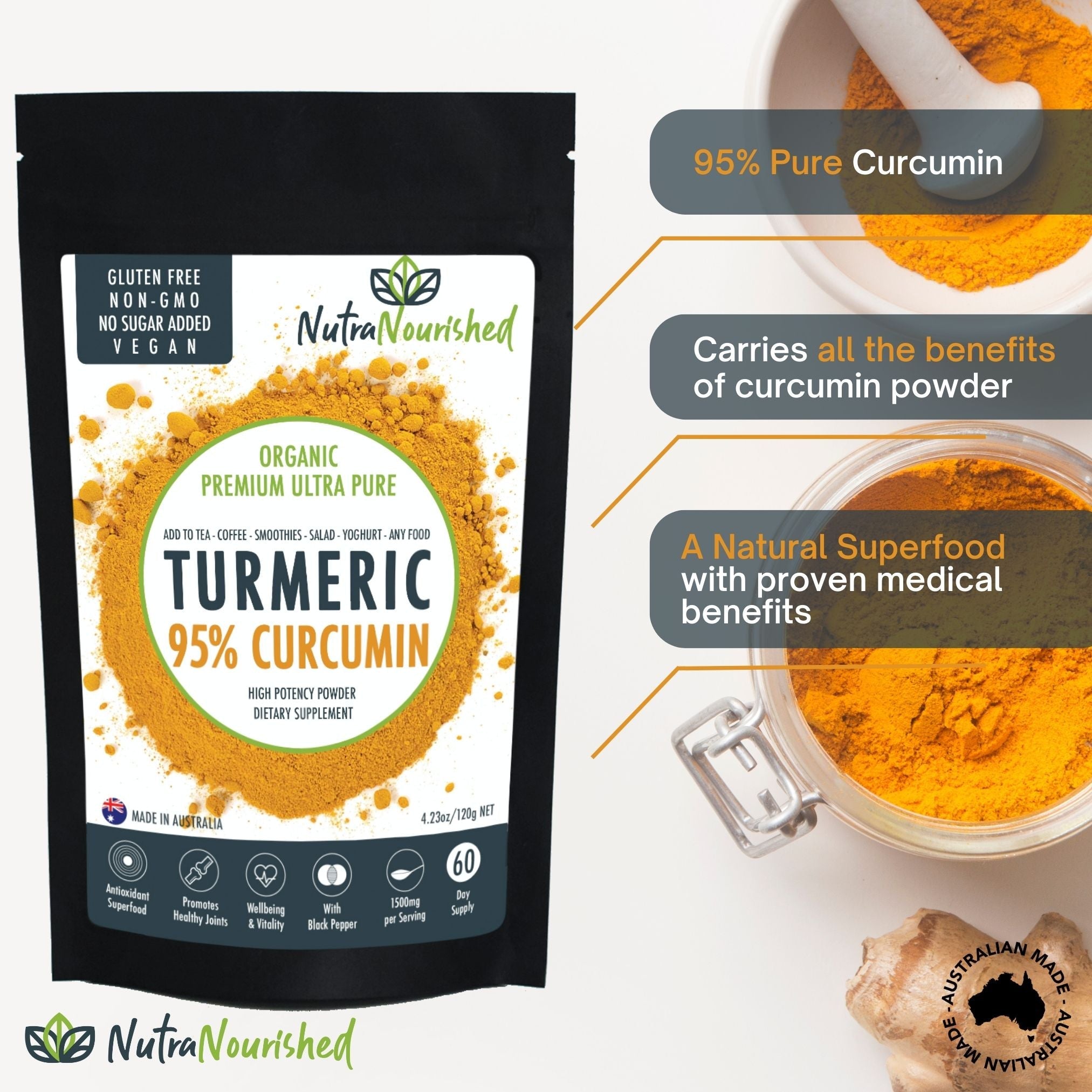 Pure Organic 95% Curcumin Powder (120g/2 months supply) - 1500mg of Turmeric Extract Buffered with Black V497-CURCUMIN-PURE-120-FBM