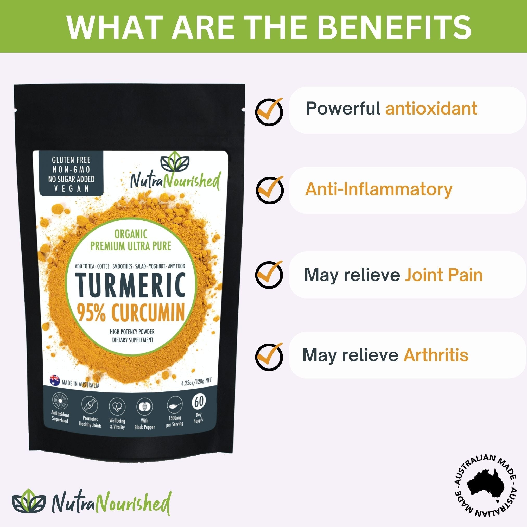 Pure Organic 95% Curcumin Powder (120g/2 months supply) - 1500mg of Turmeric Extract Buffered with Black V497-CURCUMIN-PURE-120-FBM