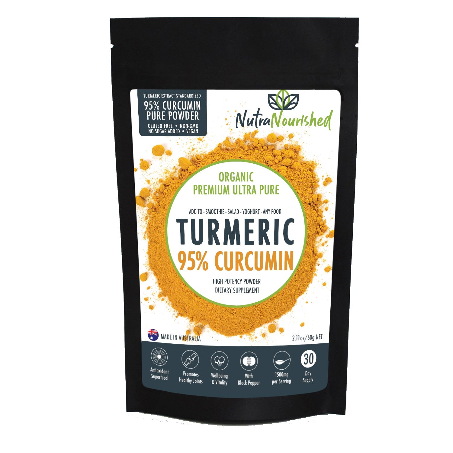 Pure Organic 95% Curcumin Powder (60g/1 month supply) - 1500mg of Turmeric Extract Buffered with Black Pepper V497-CURCUMIN-PURE-60-FBM