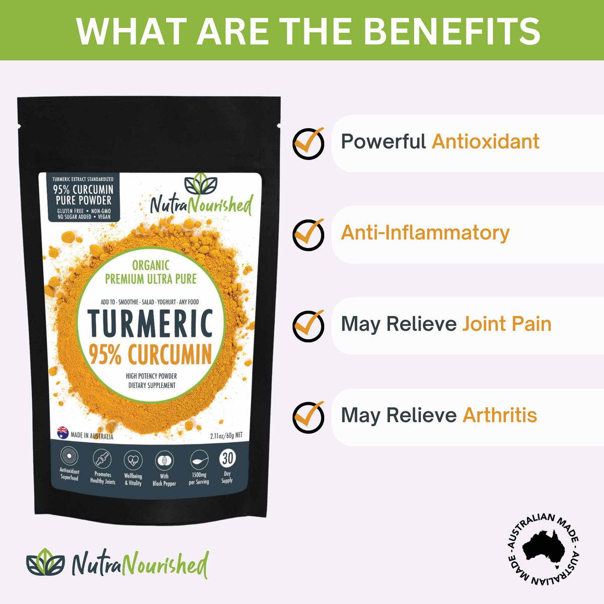 Pure Organic 95% Curcumin Powder (60g/1 month supply) - 1500mg of Turmeric Extract Buffered with Black Pepper V497-CURCUMIN-PURE-60-FBM